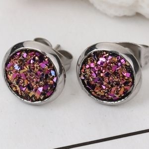Purple gold tiny druzy stud earrings minimalist